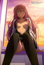 1girls anus blue_eyes blush bottomless gakusen_toshi_asterisk hair_ornament julis-alexia_von_riessfeld labia long_hair long_sleeves nipples open_shirt pink_hair pink_nipples pussy shaved_pussy small_breasts spread_legs stockings sunset text