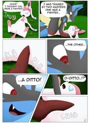 arti4000 comic dialogue eeveelution female generation_4_pokemon generation_6_pokemon lucario male mega_evolution mega_lucario nintendo penis pokemon pokemon_(species) pokephilia pussy sylveon tribadism_on_penis