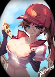 breasts butaros cleavage culinary_masters_series elbow_gloves female fingerless_gloves food hat league_of_legends nipples pepperoni pizza pizza_delivery_sivir ponytail sivir solo