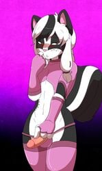 2014 anthro blush clothing crossdressing girly hair male munks munks_(artist) open_mouth penis pink_nose scynt solo stripes white_hair