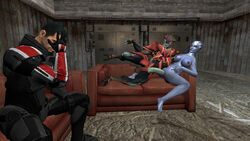 1girls 2boys 3d 3d_(artwork) alien armor asari blue_skin commander_shepard couch facepalm garry's_mod javik large_breasts liara_t'soni mass_effect prothean vaginal_penetration