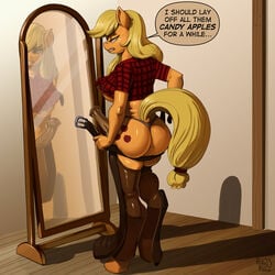 1futa 2013 absurdres animal_genitalia anthro anthrofied applejack_(mlp) ass belt biting_lip blonde_hair breasts cutie_mark dialogue dressing earth_pony english_text equine erection freckles friendship_is_magic furry futa_only futanari highres horse horsecock indoors intersex kevinsano long_hair mammal mirror my_little_pony penis pony reflection shadow smooth_skin solo text thong underwear vein voluptuous