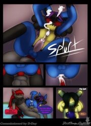 2014 anal anthro balls blue_fur blush canine comic cum english_text fur furry hair knot lucario male mammal nintendo penis pokemon pokemon_(species) redimplight sol text vetom yaoi zoroark