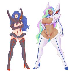 2girls alternate_costume armor armwear big_breasts bikini_armor black_legwear black_lips black_lipstick blue_eyes blue_hair blush breasts cleavage cosplay crossed_arms crossover dark_skin elbow_gloves embarrassed eyeshadow female friendship_is_magic frown garter_straps gloves hand_on_hip heels high_heels hips horn human humanized junketsu junketsu_(cosplay) kill_la_kill kiryuuin_satsuki_(cosplay) large_breasts lipstick long_hair looking_at_another looking_at_viewer looking_away makeup matoi_ryuuko_(cosplay) microskirt midriff multicolored_hair multiple_girls my_little_pony navel nipples personification pointy_ears princess_celestia_(mlp) princess_luna_(mlp) purple_eyes pussy revealing_clothes senketsu senketsu_(cosplay) siblings simple_background sisters skirt smile standing stockings sunnysundown tan-skinned_female tan_skin thick_thighs thigh_boots thighhighs thighs white_background white_legwear wide_hips