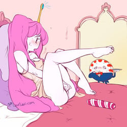 adventure_time bed blush candy caught crown dildo female fingering gem laurlaur laying_down laying_on_bed legs_up long_hair male masturbation no_bra no_panties open_mouth peppermint_butler princess_bubblegum pussy shocked surprised sweat walk-in