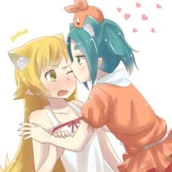 aqua_hair artist_request blonde_hair blush cat_ears female licking monogatari_(series) multiple_girls ononoki_yotsugi oshino_shinobu tongue tsukimonogatari yuri