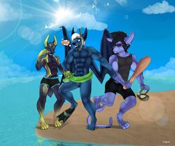 anthro balls bat beach charlie-spaice closed_eyes clothed clothing cloud inner_tube lagomorph male male_only mammal muscular nightswing nude public rabbit reflection sand seadogcharlie seaside snorkel speech_bubble stunbun sun swimsuit text underwear water wings worried