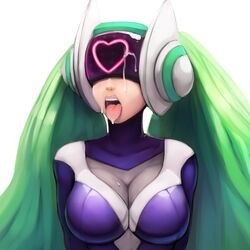 34no404 breasts cleavage cum cum_in_mouth cum_on_tongue dj_sona facial female green_hair heart large_breasts league_of_legends lips long_hair open_mouth skin_tight solo sona_buvelle tied_hair tongue tongue_out twintails very_long_hair visor