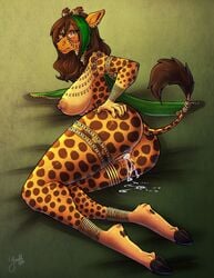 2015 after_sex anklet anthro armband bracelet breasts choker cloven_hooves cum cum_in_pussy cum_inside ear_piercing eyewear female giraffe glasses hooves jewelry kaylii mammal necklace nipple_piercing nipples piercing purple_eyes pussy solo tail_ring thighband