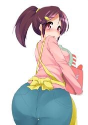 1girls apron ass blush breasts brown_hair cameltoe cleavage daniela_(pokemon) denim female hair huge_ass human jeans looking_back nintendo npc_trainer nursery_aide_(pokemon) pants pantylines pink_eyes pokemon pokemon_bw solo teacher tenga terazip tight_jeans tight_pants white_background