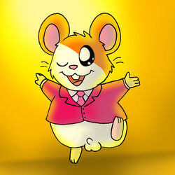 1boy anthro balls bottomless buckteeth clothed clothing cream_fur flaccid fur hamster hamtaro hamtaro_(series) male male_only mammal necktie nishi one_eye_closed open_mouth orange_fur penis pink_clothing rodent simple_background small_penis solo suit teeth wink yellow_background