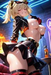 1girls ai_generated ass bare_breasts breasts burnice_white female from_below grin hassaku_xl large_breasts miniskirt nightclub pointing_at_self sequence_parts solo sq7 zenless_zone_zero