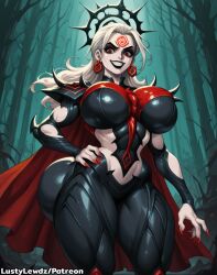 1girls ai_generated big_ass big_breasts grin hand_on_hip hela hela_(marvel_rivals) hela_(queen_in_black) long_hair looking_at_viewer lustylewdz marvel marvel_rivals solo standing thick_thighs white_hair