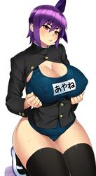 areola ayane_(doa) blush breasts busty cleavage dead_or_alive female female_only hairband human kneeling kunoichi large_breasts ninja_gaiden nipples one-piece_swimsuit purple_hair red_eyes school_swimsuit school_uniform shoes short_hair solid_air solo sweat swimsuit tecmo thighhighs voluptuous