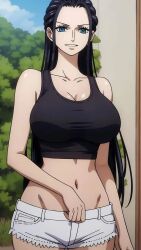 1girls ai_generated anime big_breasts black_tank_top black_tanktop breasts clothed clothed_female female female_focus female_only large_boobs large_breasts light-skinned_female light_skin manga mature mature_female mature_woman midriff nico_robin one_piece shorts standing stomach tank_top tanktop tummy white_shorts
