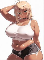 ai_generated armpit_crease arms_behind_back arms_behind_head belly black_legwear breasts bursting_breasts cleavage contrapposto dolphin_shorts female green_eyes gyaru hair_behind_ear hair_between_eyes huge_breasts looking_at_viewer medium_hair midriff navel one_arm_up original parted_lips plump simple_background skindentation smutma solo solo_female standing tank_top tensor.art tensor_art thick_thighs white_background white_tank_top white_topwear
