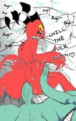 2boys 4_fingers ass ass_focus ass_ripple ass_smack big_ass big_butt big_penis black_and_white_stripes blitzo_(helluva_boss) blush blush_lines blushing_at_viewer bottom_heavy butt_smack canonical_sex chaz_(helluva_boss) dialogue dialogue_box digital_media_(artwork) doggy_style doggy_style_position gay green_skin helluva_boss hi_res highres imp kojoarts lean_figure looking_back male male/male male_only minimal_color moan moaning penis pov red_skin rippling_ass rough_sex sharp_teeth smacking_ass smacking_butt spank spanked spanked_ass spanking spanking_ass spanking_marks spikes_on_back striped_horn text traditional_media_(artwork) unpleasure_face unsatisfied veiny veiny_penis yaoi yellow_eyes yellow_teeth