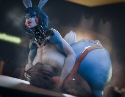 2025 3d_(artwork) anthro ass big_breasts big_butt blue_hair breasts brown_hair canid canine canis digital_media_(artwork) domestic_dog duo eyewear eyewear_only female five_nights_at_freddy's five_nights_at_freddy's_2 glasses glasses_only green_eyes hair hi_res huge_breasts huge_butt lagomorph leporid male male/female mammal marcus_(marcusdadog) mtf_crossgender nude open_mouth rabbit rule_63 scottgames sunr4y tail tongue tongue_out toy_bonnie_(fnaf) wearing_glasses