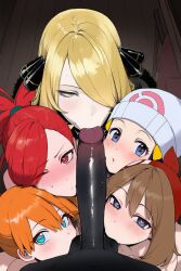 1boy 5girls ai_generated cynthia_(pokemon) dark-skinned_male dark_skin dawn_(pokemon) female female_focus flannery_(pokemon) heart-shaped_pupils kasumi_(pokemon) light-skinned_female light_skin looking_at_viewer male may_(pokemon) nintendo oral oral_sex penis pokemon pov truck-kun_art truck_kun