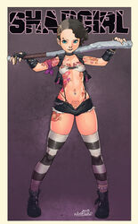 baseball_bat bikini bikini_top black_hair blue_eyes boots brow_piercing collar ear_piercing earrings female fingerless_gloves gloves jacket leather lipstick navel navel_piercing norasuko nose_piercing piercing punk shadgirl short_hair shorts skindentation solo standing striped striped_legwear suspenders tattoo thighhighs thong