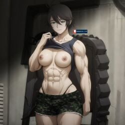 1girls 2d abs ai_generated athletic_female belt black_hair boot_soles boots chequita chiquita_(jormungand) clothed cruelty dominant_female female female_focus female_only footwear from_below giantess green_eyes gun imminent_stomp jeans jormungand looking_at_viewer looming low-angle_view midriff muscular muscular_female necklace nemezis179 nude_female pov smile smirk smug topless