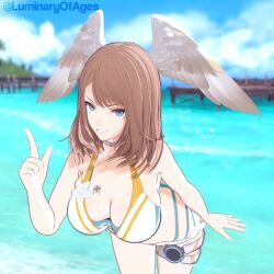 1girls 3d blue_eyes blurry_background breasts brown_hair cleavage eunie_(xenoblade) female head_wings index_finger_raised large_breasts leaning_forward long_hair looking_at_viewer luminaryofages official_alternate_costume outdoors smile solo swimsuit xenoblade_(series) xenoblade_chronicles_3