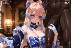 1boy 1girl ai_generated bangs bare_shoulders battery_indicator blue_bow blue_eyes blue_hair blue_horns blunt_bangs blush bow bow-shaped_hair breasts choker cleavage closed_mouth clothing colored_tips dark-skinned_male dark_skin detached_collar detached_sleeves erection female frilled_sleeves frills genshin_impact gloved_handjob gloves gradient_hair hair_ornament half_gloves handjob hetero huge_penis huge_testicles indoors interracial lamp large_breasts large_penis long_hair looking_at_viewer male multicolored_hair muscular nude penis penis_grab picture_frame pink_hair purple_eyes recording sangonomiya_kokomi smile solo_focus testicles upper_body vantawaifu veins veiny_penis very_dark_skin white_gloves wide_sleeves