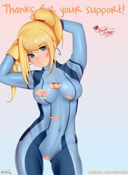 arms_up blonde_hair blood bodysuit breasts bruises earrings female female_only hands_behind_head human metroid navel nekonote nintendo nipples ponytail samus_aran solo standing tied_hair tight_clothes tight_clothing torn_bodysuit torn_clothes zero_suit zero_suit_samus