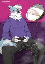 5_fingers anthro artist_name balls barbell_piercing black_bottomwear black_clothing black_nose black_pants black_sweatpants blue_body blue_ears blue_eyes blue_fur blue_tail blue_tongue blush bodily_fluids bottomwear bulge canid canine canis circular_barbell_piercing close-up clothing controller cutaway domestic_dog ear_piercing erection erection_under_clothing facial_piercing fangs fingers foreskin fur furniture game_controller gaming genital_fluids genitals glans grey_body grey_ears grey_eyes grey_fur half-closed_eyes heterochromia hi_res holding_controller holding_game_controller holding_object humanoid_genitalia humanoid_hands humanoid_penis lameboast male male_anthro male_peeing mammal multicolored_body multicolored_fur multiple_piercings narrowed_eyes nose_piercing open_mouth pants peeing peeing_while_erect penis piercing pillow pink_glans pink_penis playing_video_game purple_clothing purple_pillow purple_sofa purple_sweater purple_topwear retracted_foreskin septum_circular_barbell septum_piercing sitting snout sofa solo spread_legs spreading steam sweater sweatpants tail teeth text tongue topwear two_tone_tail urine urine_on_leg urine_stream watersports wet wet_bottomwear wet_clothing wet_pants wetting white_balls white_body white_fur white_inner_ear white_tail