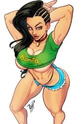 2025 2d alternate_costume armpits arms_up bare_midriff black_hair brazilian brazilian_female brown_eyes busty capcom cleavage crop_top daisy_dukes female female_focus female_only g-string hourglass_figure laura_matsuda long_hair lucaspflp makeup short_shorts street_fighter street_fighter_v underboob wide_hips