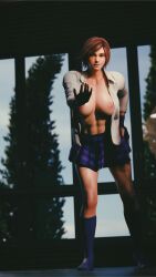 1girls 3d alluring athletic_female blender brown_eyes brown_hair forsavide kazama_asuka large_breasts looking_at_viewer namco open_clothes short short_hair skirt socks tekken tekken_8 topless