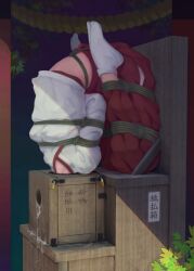 after_oral arms_behind_back black_skirt bondage bound bound_arms bound_legs bound_wrists cum female free_use gag implied_oral miko restrained rope shibari_over_clothes shirt shrine_maiden skirt solo stuck white_shirt