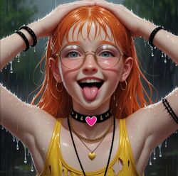 ai_generated armpit black_bracelets blue_eyes blushing bracelets choker earrings eyes female female_focus ginger ginger_female ginger_hair glasses hair_braid hands_on_head happy julia_desmas mouth_wide_open necklaces orange_hair rain raining red_hair redhead_female redheaded_female round_glasses single_hair_braid smiling soaked teen tongue_out wet yellow_shirt yellow_top