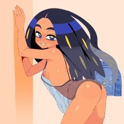 1girls absurd_res areolae blue_eyes blush breasts butt digital_media_(artwork) female_only geeta_(pokemon) kerotheklutz leaning_against_wall leaning_forward lingerie nipples nose pokemon pokemon_sv skinny small_breasts smile smiling tan_body tan_skin thick_eyebrows translucent_clothing