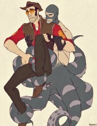 ankles_bound bound_ankles clothed dubious_consent gay grabbing_chest grabbing_wrist grabbing_wrists groping groping_from_behind held_up imminent_sex male male_only nanda-artes nipple_play nipple_tweak restrained restrained_by_tentacles sniper_(team_fortress_2) spy_(team_fortress_2) struggling team_fortress_2 tentacle tentacle_on_male tentaspy tf2 unwilling_prey yaoi