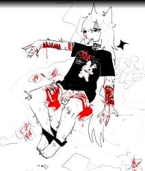 animal_genitalia blood bodily_fluids bravo_(bravobunny) bravobunny canid canine canine_genitalia canis clothed clothing collar cum genital_fluids genitals gore gynomorph hi_res intersex mammal masturbation nosebleed panties panties_down partially_clothed self-harm smoking solo sweat underwear underwear_down wolf wounded