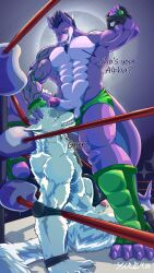 abs absurd_res balls beard biceps bodily_fluids braided_beard canid canine canis cel_shading claws duo facial_hair fighting_ring fish fur genital_fluids genitals hi_res lumine male mammal marine muscular pecs penis penis_on_face precum purple_body shaded shark toe_claws white_body white_fur wolf wrestling_outfit yarem4