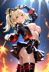 1girls ai_generated ass bare_breasts breasts burnice_white dancing female flames grin hassaku_xl large_breasts looking_at_viewer nightclub oiled_skin sequence_parts solo sq7 upskirt zenless_zone_zero