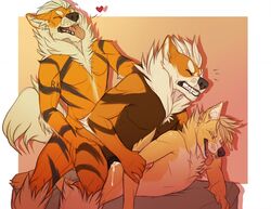 3boys all_fours anthro arcanine canine closed_eyes cum doggy_style erection fangs from_behind fur furry group group_sex heart looking_back lying male male_only mammal multiple_males ninetales nintendo open_mouth penetration penis pokemon pokemon_(species) sex standing threesome tongue tongue_out twistedhound video_games yaoi