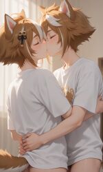 ai ai-created ai_art ai_generated brothers clone clonecest gorou_(genshin_impact) incest kissing panties_down selfcest twins yaoi