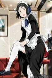 1boy adjusting_legwear ai_generated apron arashiyama_hotori black_hair blush brown_eyes bulge dress dressing femboy genderswap_(ftm) indoors looking_at_viewer maid maid_apron maid_cafe maid_headdress male open_mouth puffy_sleeves ribbon rule_63 shoes short_hair solo soredemo_machi_wa_mawatteiru surprised tehmar thighhighs trap white_thighhighs