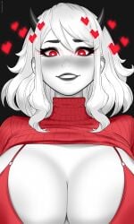 absurd_res absurdres big_breasts black_and_white black_and_white_body black_eyeshadow black_lips black_lipstick burningaq burningaq_(artist) cleavage demon demon_girl demon_horns eyeshadow floating_heart floating_hearts glowing_eyes greyscale heart heart_eyes heart_shaped_pupils helltaker horns huge_breasts lipstick modeus_(helltaker) monochrome red_bra red_clothing red_eyes red_heart red_hearts red_sweater seductive seductive_look sharp_teeth smile smirk white_hair white_skin