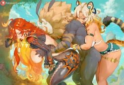 1boy 2girls against_surface against_tree ai_generated black_body breasts_out dark-skinned_male dark_penis dark_skin doggy_style female genshin_impact grabbing_back hilichurls_(species) hoyoverse hugging hugging_another large_breasts looking_back lucakp male mask mavuika_(genshin_impact) mihoyo moaning patreon patreon_link patreon_logo patreon_reward patreon_url patreon_username red_hair sex sex_from_behind shorts standing standing_sex tagme tail thick_thighs thighs white_hair xilonen_(genshin_impact)