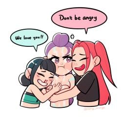 3girls aery_orange ass_exposed black_hair blush blushed_face blushing_female breasts breasts_exposed breasts_out cfnf clothed_female_nude_female color colored comic comic_page completely_naked completely_nude convenient_censoring convenient_censorship covered_nipples covering covering_breasts embarrassed_female embarrassed_naked_female embarrassed_nude_female enf english english_dialogue english_text female female_focus female_human female_only glowing glowing_markings hug human humiliation kpop_demon_hunters mira_(kpop_demon_hunters) naked naked_female no_bra no_clothes no_clothing no_panties no_pants no_shirt no_skirt no_underwear nosebleed nude nude_female nudity purple_eyes purple_hair pussy pussy_exposed red_hair rumi_(kpop_demon_hunters) stolen_clothes stripped tits_out zoey_(kpop_demon_hunters)