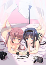 2girls ass black_hair blue_eyes blush breasts brown_eyes brown_hair chains character_request collar cuffs cum cum_on_body cum_on_hair digital_camera facial flat_chest hairband hand_holding highres houmitsu long_hair looking_at_viewer lying multiple_girls nude on_stomach source_request tied_hair twintails video_camera