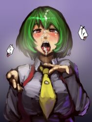 after_sex blouse blush breasts collared_shirt cum cum_in_mouth cum_on_hair cum_on_tongue cumdrip facial female green_hair kikimifukuri large_breasts long_sleeves necktie open_mouth red_eyes short_hair solo tongue tongue_out touhou upper_body yuka_kazami