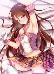 10mk aikatsu! arm_up armpits brown_hair cum cum_on_armpit female gloves highres long_hair purple_eyes shibuki_ran solo thighhighs