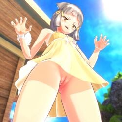 1girls 3d blush catgirl claw_pose female from_below grey_hair looking_at_viewer luminaryofages nia open_mouth outdoors pussy solo xenoblade_(series) xenoblade_chronicles_2 yellow_dress yellow_eyes