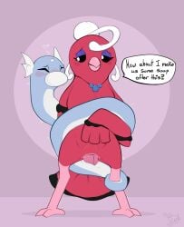 2_penises animal_genitalia animal_penis avian avian_feet blush bulge cherry_(flowerbud) cloaca closed_eyes coiling dialogue double_penetration dratini duo female feral flowerbud generation_1_pokemon generation_7_pokemon genitals heart_symbol hemipenes hi_res male male/female multi_genitalia multi_penis nintendo oricorio penetration penis pokemon pokemon_(species) question seminal_groove standing