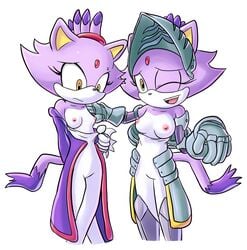 anthro armor blaze_the_cat breasts cat feline female female_only fur goshaag mammal metal multiple_females multiple_girls nipples one_eye_closed sega sir_percival_(sonic_and_the_black_knight) sonic_(series) sonic_and_the_black_knight undressing wink